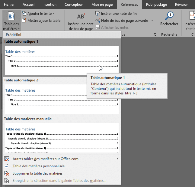 faire un sommaire sur word